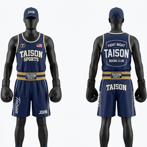Premium Polyester Interlock 180 GSM Boxing Uniform Navy Gold Contrast <b>Panel</b> Custom Heat Transfer Logo Set - Product Image 1