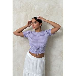 Blusa de Algodón y Poliéster a Cuadros Lila para Mujer, Marca Topshow, con Cintura Fruncida, Elegante y Cómoda para Uso Diario - Product Image 1