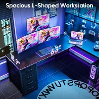 Escritorio de Juegos en Forma de L Moderno al por Mayor con Luces LED, Panel Perforado y Cajones, Escritorio de Juegos en Esquina para Computadora DR524