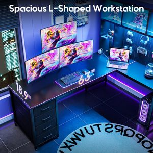 <span class=keywords><strong>Bureau</strong></span> de jeu moderne en L avec éclairage LED, panneau perforé et tiroirs, <span class=keywords><strong>bureau</strong></span> d'angle pour <span class=keywords><strong>ordinateur</strong></span> DR524 - Product Image 3