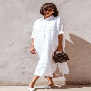 Robe en coton et lin pour femmes, grande taille, boutonnage simple, boutons - Product Image 3