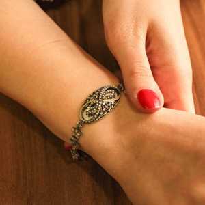 925 Sterling <b>Silver</b> Oxidized <b>Cuff</b> <b>Bracelet</b> Handcrafted with Pen-Shaped Center Motif Bohemian Style Brass Material - Product Image 1