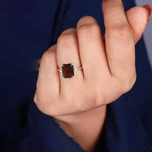Anillos de aniversario de compromiso de banda minimalista, Joyería de diamantes de piedra de cuarzo ahumado con corte octogonal de moda para anillo de plata de boda - Product Image 3