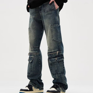 Custom Men's Plus Size Straight-Leg Denim Jeans Multi-Pocket Washed Distressed Overalls Zipper Stitching Loose Fit Mid-Waist - Product Image 5