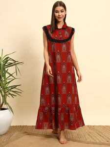 Chemise de nuit en dentelle 100% coton pour femmes Sans manches Longue Respirante Tissu à motifs géométriques Élégante Automne/Printemps Été - Product Image 3