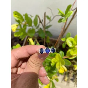 <b>925</b> <b>Silver</b> Blue Sapphire Band <b>Ring</b> Oval Cut Marquise Vintage Rhodium Vermeil Engagement IGI Certified Platinum Ongoing Setting - Product Image 2