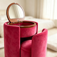 Ensemble coiffeuse et tabouret de maquillage en bois rembourré de velours, style vintage moderne de luxe, avec rangement dissimulé et miroir rond