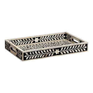 Plateaux personnalisés en incrustation de nacre Plateau de service en bois incrusté d'os en résine Plateau en bois d'écorce avec poignée en métal - Product Image 3