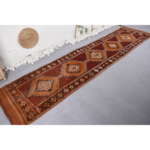 Alfombra de lana de área grande Vintage 2,6 X 11.2ft Marrón Naranja Geométrico Abstracto Diseño de retazos para adolescentes Pasillo Látex - Product Image 2