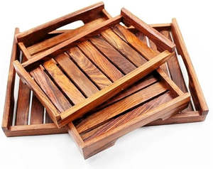 Plateau de service design en bois naturel ensemble de 3 pièces aspect naturel décoratif Technologie artisanale - Product Image 1