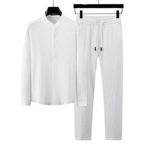 Conjunto de Dos Piezas para Hombre de Invierno, Camisa de Cuello Alto con Pliegues y Color Sólido, Corte Holgado, Pantalones Activos con Cintura Elástica - Product Image 3