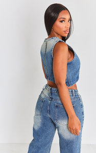 2025 <b>Top</b> Selling Sandblasted Denim Tube Crop <b>Top</b> for Women Casual Breathable Low MOQ Customizable Mid Blue Acid Washed Parties - Product Image 2