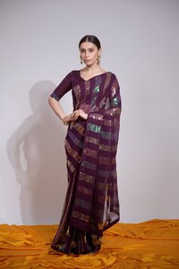 Último indio tradicional exclusivo pesado Georgette bordado impreso Sari Zari secuencia trabajo Sari elegante nupcial boda desgaste - Product Image 6