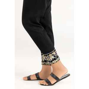 Pantalon en satin de soie brute noir TR-22-125, taille haute, broderie décorative, 100% soie - Product Image 2