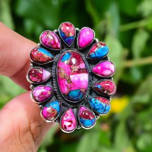 Anillo turquesa Natural Kingman Pink Dahlia Multicolor Turquesa Rosa Spiny Oyster Anillo hecho a mano de plata esterlina - Product Image 1
