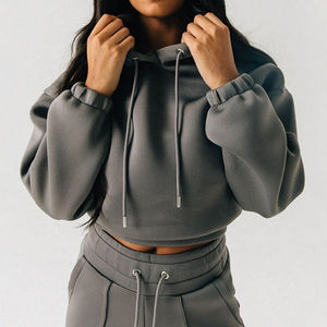 Venta al por mayor personalizado de alta calidad pulóver Sudadera con capucha Crop Top y pantalones de chándal Streetwear Fleece Sweatsuit 2 piezas Jogger Set para las mujeres - Product Image 5