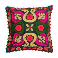 Housse de coussin carrée brodée Sujani multicolore 16x16 pouces en coton avec bordure à pompons, style bohème, lavable
