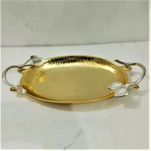 VISHAL HANDICRAFT Designer Floral Leaf Metal <b>Tray</b> Brass Plated Gold Handles Modern Customized Elegant Serving <b>Tray</b> (Customizable - Product Image 2