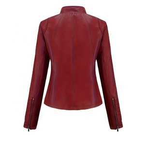Blouson en cuir rouge pour femme 2026, manches longues, col montant, fermeture éclair, couleur unie, style motard, tricoté respirant pour l'hiver - Product Image 2