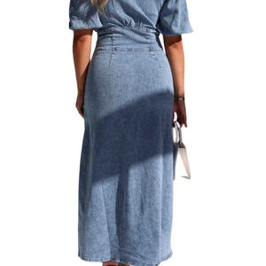 2025 manga corta cintura alta botón lado a línea mangas largas abullonadas sólido largo Denim camisa vestidos mujeres Denim camisa vestidos - Product Image 6