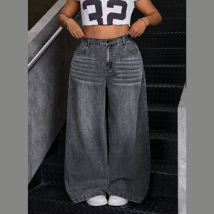 Jeans en denim décontractés pour femmes, taille haute, écologiques, à séchage rapide, respirants, amples, à jambes larges, taille plus, noir uni, gris - Product Image 2