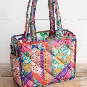 Sac fourre-tout en coton matelassé imprimé à la main pour femmes, écologique, réutilisable, pour le shopping, les voyages, la plage, avec poches intérieures/extérieures - Product Image 1