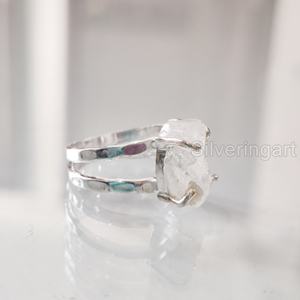 Raw <b>Stone</b> Jewelry Women's <b>Ring</b> Natural Rainbow Moonstone Gemstone June Birthstone Hammered <b>Two</b> Band 925 Sterling Silver <b>Ring</b> - Product Image 1