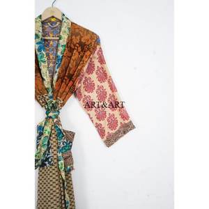 Elegant Silk Handmade Long Sleeve Kimono Dressing Gown Soft Sleepwear Set Breathable Patchwork Design for Women - Product Image 3