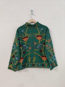 Veste en laine brodée florale bohème verte, col mandarin, manches longues, veste décontractée courte, vêtements d'automne pour adultes - Product Image 2