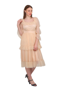 Luxury Designer Peach Midi <b>Dress</b> for Women Trending Party Wear Square Neck Puff Sleeve Layered <b>Ruffle</b> <b>Dress</b> Premium Look - Product Image 4