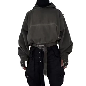 Latest Fashion 2026 New Acid <b>Washed</b> Cropped Unisex Hoodie Fashionable Bottom Belt Cotton Men's Hoodies Made By Numica Sports - Product Image 3