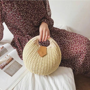 Pumpkin Shaped Handwoven Seagrass <b>Handbag</b> Vintage Boho Straw Tote with PU Leather <b>Handle</b>, Magnetic Closure & Lining - Product Image 4