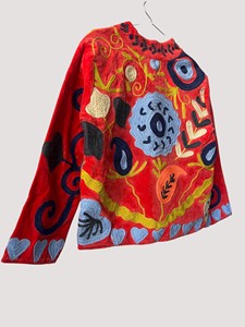 Chaqueta Acolchada de Terciopelo Bordada a Mano con Cuello Mandarín, Manga Larga, Estampado Floral, Abrigo de Invierno para Mujer, Rojo, Acolchado Grueso - Product Image 3