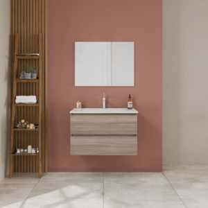 Meuble-lavabo mural de salle de bain de 80 cm avec deux tiroirs en chêne naturel du Belize - Product Image 3