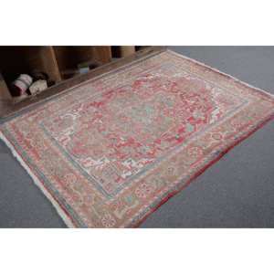 Vintage Turkish <b>Rug</b> Red Beige 4.7 X 6.2ft Large Area Woolen Patchwork Design for Hallway or <b>Bedroom</b> Latex Backed - Product Image 5