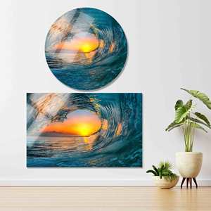 Art sur verre trempé Sunset Wave : Décoration murale sur toile imprimée thème côtier, Verre circulaire - Product Image 1