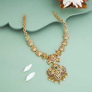 Silver Temple <b>Necklace</b> 178102 Gold Plated Ethnic Religious Style Floral Pattern Chain for Wedding & Gift - Product Image 2