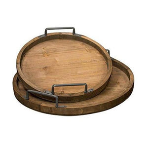 Plateau pouf en bambou naturel Plateau de service en bois Plateau rond en bois avec poignées - Product Image 1