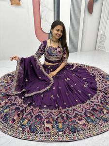 Elegante pesado puro Vichitra completamente cosido listo para usar indio paquistaní Lehenga Chaniya Choli Set Trending Purple Wine Color - Product Image 5