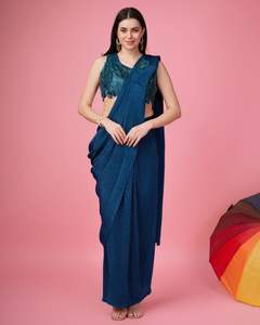 El último diseñador Georgette seda bordado pesado trabajo listo para usar Sari por Fab Zone - Product Image 5