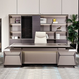Modern Luxury Brown L Shaped Executive <b>Desk</b> LED Modular Wooden Veneer Office Table Smart Multi Function Workstation - Product Image 4