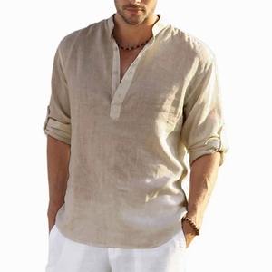 Nouveau T-shirt à manches longues en lin pour homme, couleur unie, ample, T-shirt à manches longues en coton et lin, chemise à manches longues, chemises grandes tailles pour homme - Product Image 2