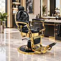 Fauteuil de Barbier Hydraulique de Luxe Doré en Cuir PU Noir Inclinable avec Repose-Pieds pour Salon de Coiffure Professionnel