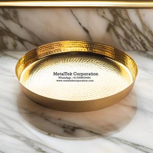 Plateau de service à chocolat décoratif rond en plaqué or martelé pour la maison de luxe et le restaurant Plateau de rangement en métal pour la maison et le restaurant - Product Image 4