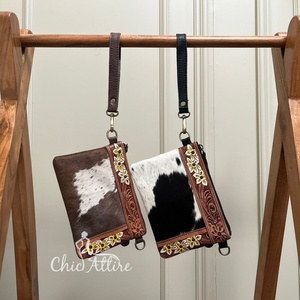 Hand Tooled Leather Cowhide Mini Crossbody Bag for <b>Women's</b> Wristlet Mobile Purse Custom Branded Western Cowhide Leather Handbag - Product Image 1