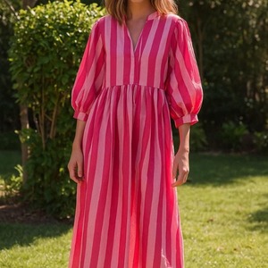 Tay khối in kyra Midi ăn mặc Bohemian bông phụ nữ chuỗi gần hơn ăn mặc mới sọc in Midi - Product Image 2