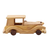 Coche de colección de madera vintage hecho a mano con ruedas móviles, guardabarros laterales curvos y diseño de cabina de caja clásica para regalos ecológicos