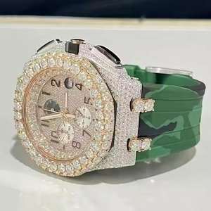 Reloj Deportivo de Lujo con Cronógrafo Mecánico de Alta Calidad, Acero Inoxidable, con Incrustaciones de Diamantes Moissanite, Estilo Hip Hop, Correa de Goma de 22 mm - Product Image 1