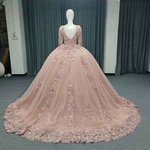 Vestido de Fiesta de Noche ANY189 Exclusivo, Color Rosa, Cuello Cuadrado, con Cuentas, Apliques de Cristal, Largo hasta el Suelo, con Flores 3D - Product Image 2