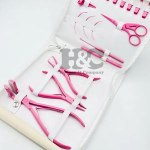 Kit d'outils pour extensions capillaires en acier inoxydable rose de qualité supérieure avec crochets à boucle, boîte, fils, aiguilles, pinces à ruban de vison durable, logo - Product Image 3